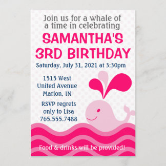 Girl's Whale Pink Birthday Party Invitation Kaart