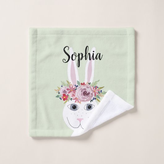 Girls Whimsical Floral Waterverf Rabbit and Name Bad Handdoek (Wasdoekje)