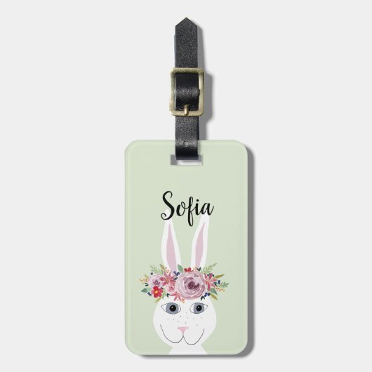 Girls Whimsical Floral Waterverf Rabbit and Name Bagagelabel (Voorkant verticaal)