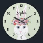 Girls Whimsical Floral Waterverf Rabbit and Name Grote Klok<br><div class="desc">Deze witte en trendy kind klok heeft een prachtig,  met de hand geschilderd konijnenkonijn met een florale kreet en een aanpasbare achtergrond. Dit ontwerp van de florale waterverf biedt ook een plek waar je je meisjesnaam kunt toevoegen. Ideaal voor elke kamer van een kind of kinderkamer!</div>
