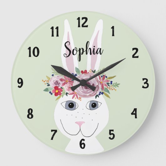 Girls Whimsical Floral Waterverf Rabbit and Name Grote Klok (Voorkant)