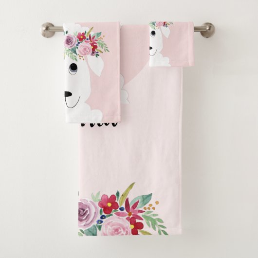 Girls Whimsical Floral Waterverf Sheep and Name Bad Handdoek (Insitu)