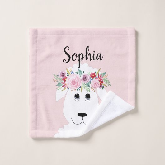 Girls Whimsical Floral Waterverf Sheep and Name Bad Handdoek (Wasdoekje)