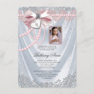 Girls White Satin Foto First Commune Kaart