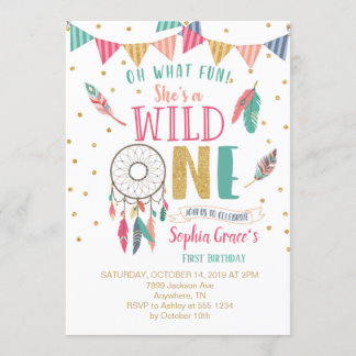 Girls Wild One First Birthday Invitation Kaart