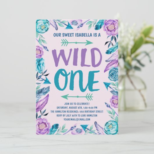 Girls Wild One Waterverf Boho 1e verjaardag Kaart (Staand voorkant)