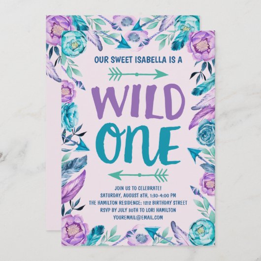 Girls Wild One Waterverf Boho 1e verjaardag Kaart (Voorkant / Achterkant)