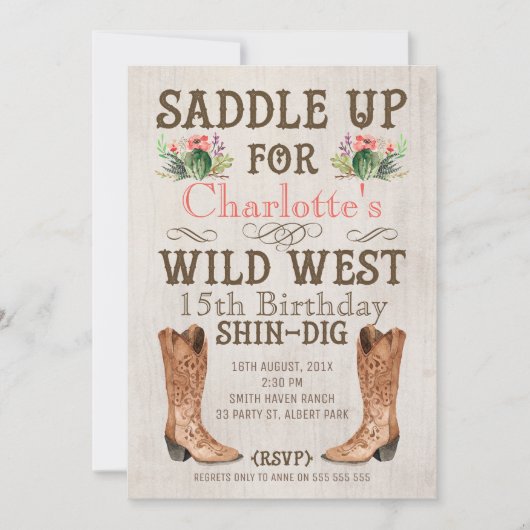 Girls  Wild West Birthday Invitation Kaart (Voorkant)