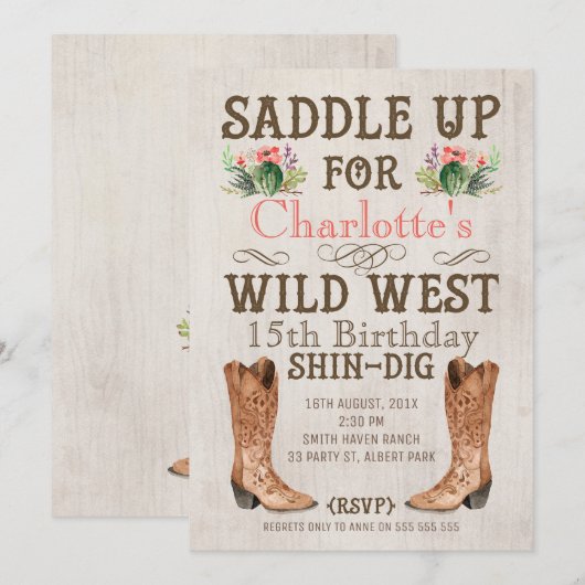 Girls  Wild West Birthday Invitation Kaart (Voorkant / Achterkant)