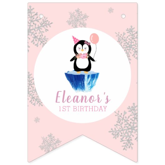 Girls Winter Wonderland Cute Penguin Pink Birthday Vlaggetjes (Eerste vlag)