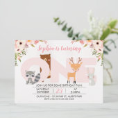 Girls Woodland Animals 1e verjaardag Uitnodiging (Staand voorkant)