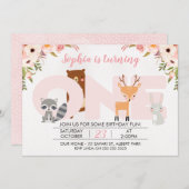 Girls Woodland Animals 1e verjaardag Uitnodiging (Voorkant / Achterkant)