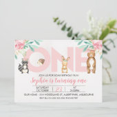 Girls Woodland Animals ONE 1e verjaardag Uitnodigi Kaart (Staand voorkant)