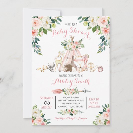 Girls Woodland Baby Shower Invitations Kaart (Voorkant)
