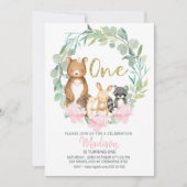 Girls Woodland Wreath First Birthday Invitation Kaart (Voorkant)