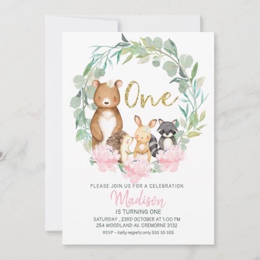Girls Woodland Wreath First Birthday Invitation Kaart (Voorkant)