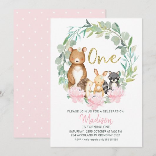 Girls Woodland Wreath First Birthday Invitation Kaart (Voorkant / Achterkant)