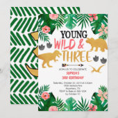 Girl's Young Wild & Three Dinosaur 3e verjaardag Kaart (Voorkant / Achterkant)