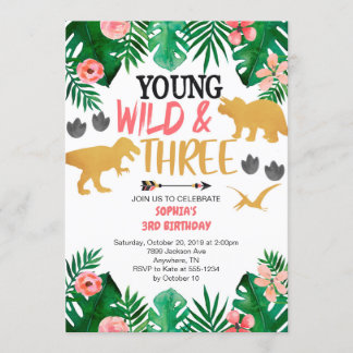 Girl's Young Wild & Three Dinosaur 3e verjaardag Kaart