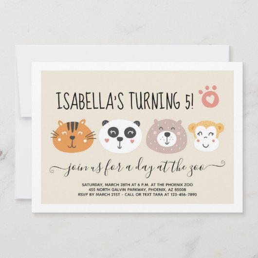 Girls Zoo Animal Emoji Thema Verjaardagsfeestje Kaart (Voorkant)