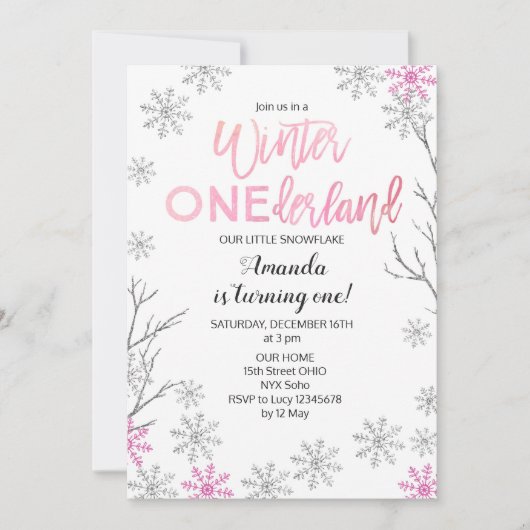 GIRLWinter ONEderland Pink Birthday Invite Kaart (Voorkant)