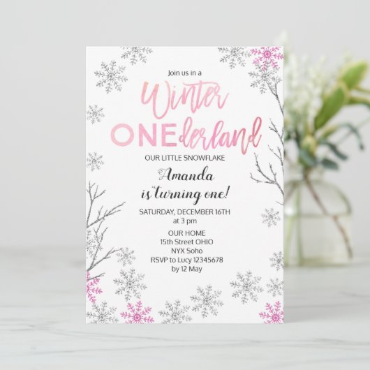 GIRLWinter ONEderland Pink Birthday Invite Kaart (Staand voorkant)