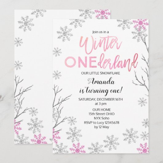 GIRLWinter ONEderland Pink Birthday Invite Kaart (Voorkant / Achterkant)
