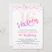 Girly 16e Verjaardag Roze Paarse Glitter Confetti Kaart (Voorkant)