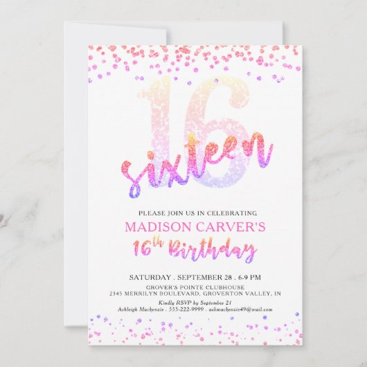 Girly 16e Verjaardag Roze Paarse Glitter Confetti Kaart (Voorkant)