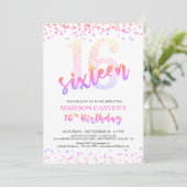 Girly 16e Verjaardag Roze Paarse Glitter Confetti Kaart (Staand voorkant)