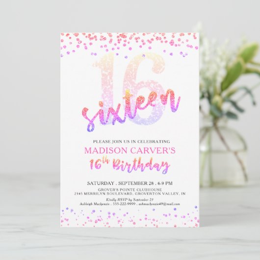 Girly 16e Verjaardag Roze Paarse Glitter Confetti Kaart (Staand voorkant)