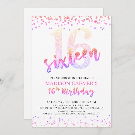 Girly 16e Verjaardag Roze Paarse Glitter Confetti Kaart (Voorkant / Achterkant)