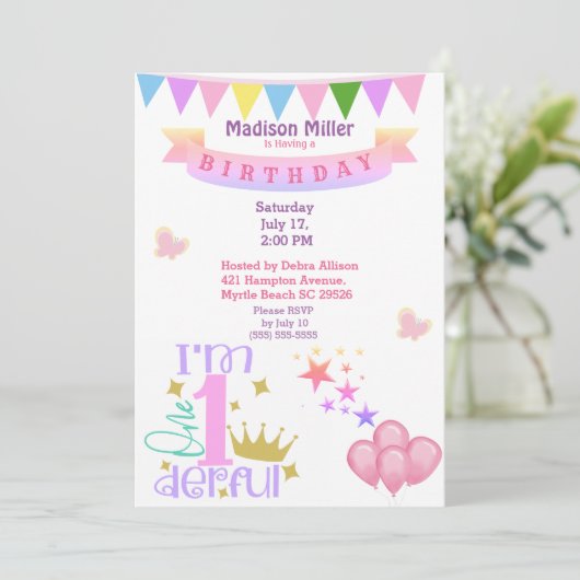 Girly 1and Wonderful Birthday Party Kaart (Staand voorkant)
