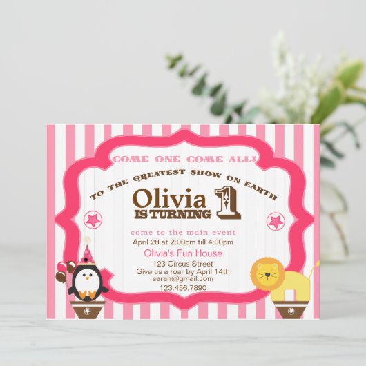 Girly 1st Birthday Circus Uitnodiging (Staand voorkant)