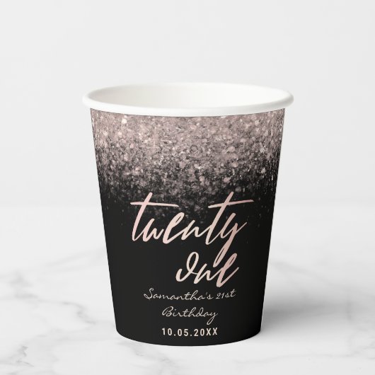 Girly 21st Birthday Black en Roos Gold Glitter Papieren Bekers (Achterkant)