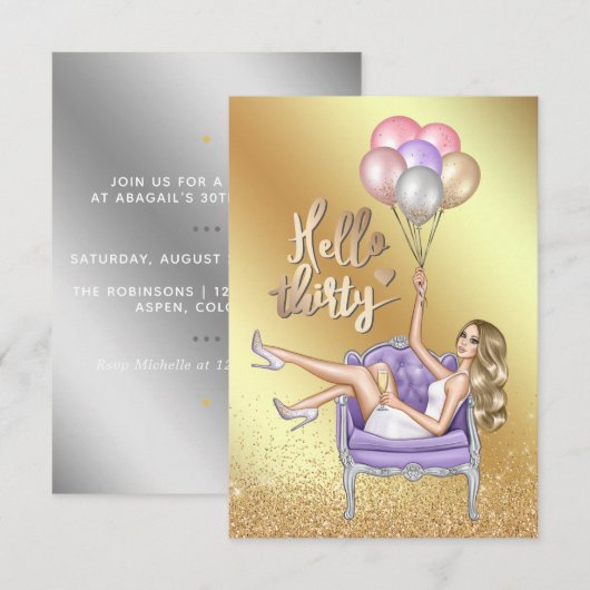 Girly 30th Birthday Party Invitation Kaart (Voorkant / Achterkant)