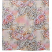 Girly 3-D bedazzled zilver en roze rozen patroon Douchegordijn (Voorkant)