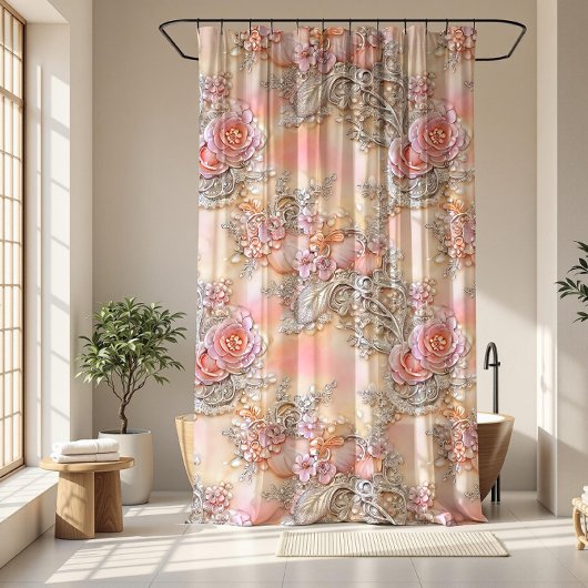 Girly 3-D bedazzled zilver en roze rozen patroon Douchegordijn