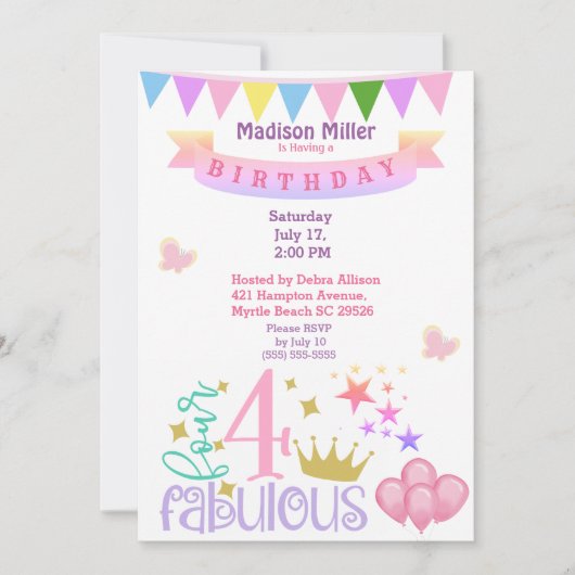 Girly 4 en Fabulous Birthday Party Kaart (Voorkant)
