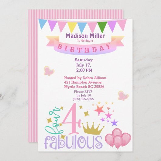 Girly 4 en Fabulous Birthday Party Kaart (Voorkant / Achterkant)