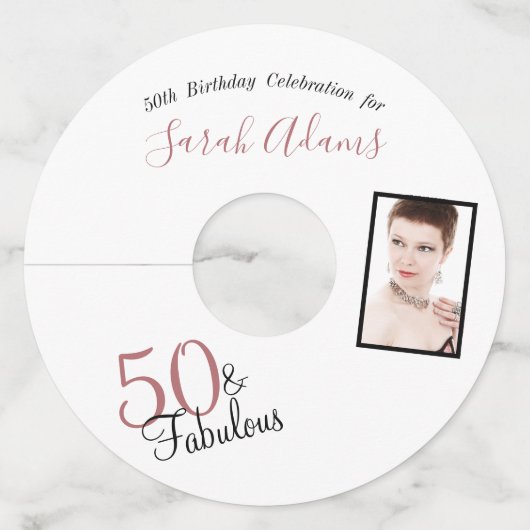 Girly 50 & Fabulous Roos Gouden Verjaardag Fotofee Wijnglaslabel (Voorkant)