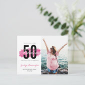 Girly 50e verjaardag hete roze waterverf foto briefkaart (Staand voorkant)