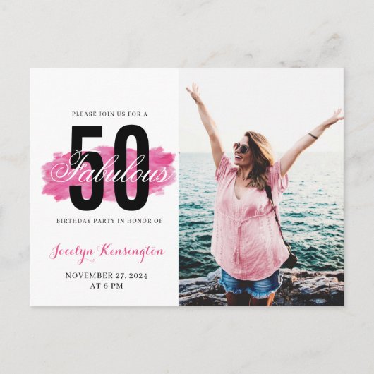 Girly 50e verjaardag hete roze waterverf foto briefkaart (Voorkant)