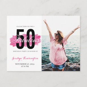 Girly 50th Birthday Hot Pink Watercolor Photo Briefkaart
