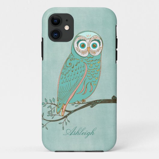 Girly Abstract Modern Blauwgroen Groene Owl Monogr Case-Mate iPhone Case (Achterkant)