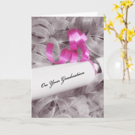 Girly Afstuderen gefeliciteerd met roze lint Kaart (Gele Bloem)