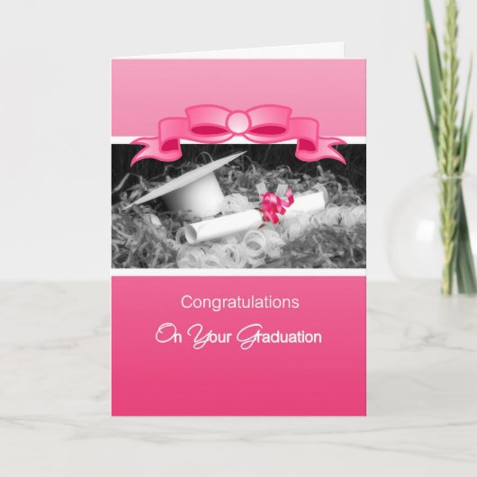 Girly Afstuderen Gefeliciteerd Pink Riboon Kaart (Voorkant)