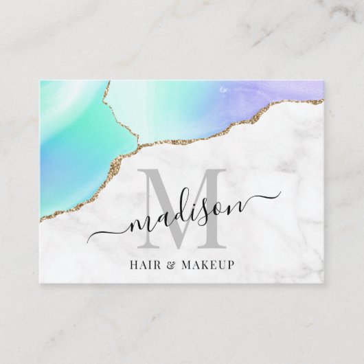 Girly Agate Gold Glitter Marble Monogram Makeup Visitekaartje (Voorkant)