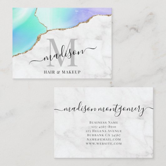 Girly Agate Gold Glitter Marble Monogram Makeup Visitekaartje (Voorkant / Achterkant)