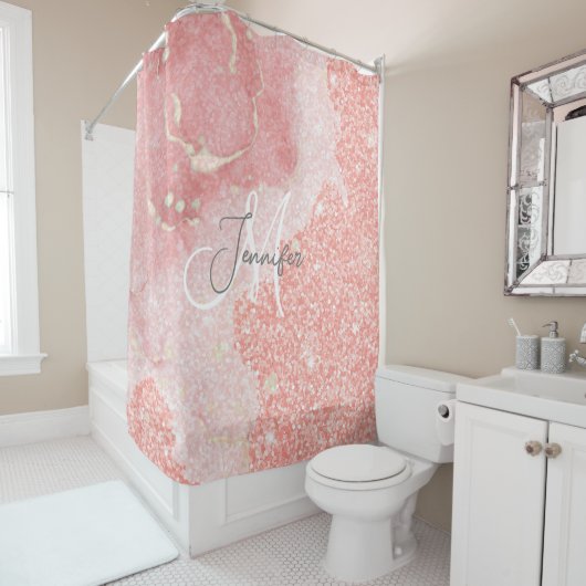 Girly Agate Pink Glitter Blush Monogram Douchegordijn (In situ)